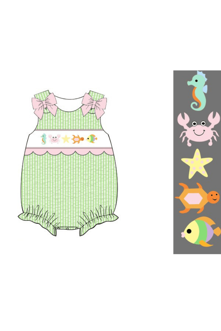 The Smocked Flamingo Apparel & Accessories Pre-Order Smocked Sea Creatures Green Seersucker Bubble