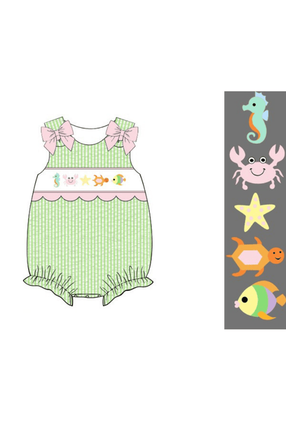 The Smocked Flamingo Apparel & Accessories Pre-Order Smocked Sea Creatures Green Seersucker Bubble