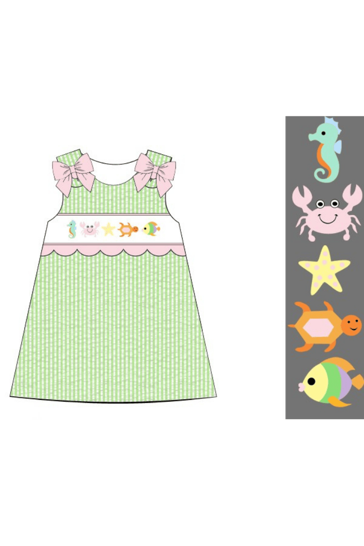 The Smocked Flamingo Apparel & Accessories Pre-Order Smocked Sea Creatures Green Seersucker Dress