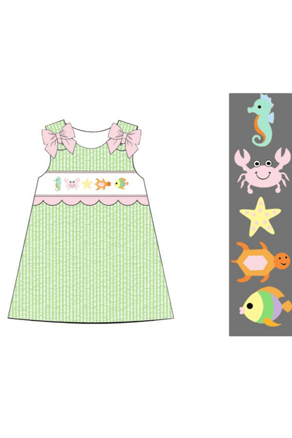 The Smocked Flamingo Apparel & Accessories Pre-Order Smocked Sea Creatures Green Seersucker Dress