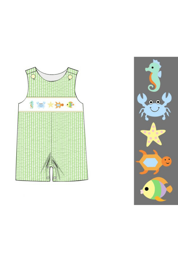The Smocked Flamingo Apparel & Accessories Pre-Order Smocked Sea Creatures Green Seersucker Jon Jon