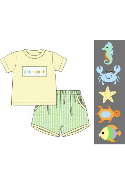 The Smocked Flamingo Apparel & Accessories Pre-Order Smocked Sea Creatures Green Seersucker Short Set