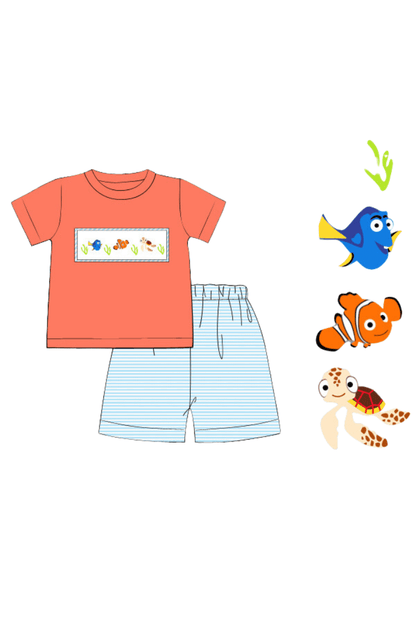 The Smocked Flamingo Apparel & Accessories Pre-Order Smocked Sea Friends Blue Stripe Bubble