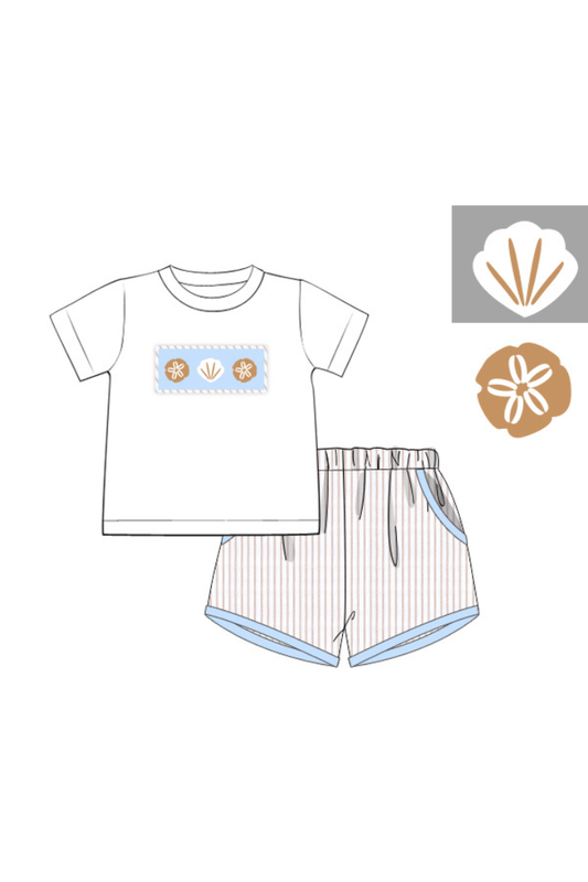 The Smocked Flamingo Apparel & Accessories Pre-Order Smocked Sea Shells Blue/Khaki Stripe Short Set