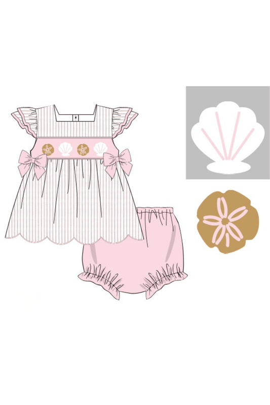 The Smocked Flamingo Apparel & Accessories Pre-Order Smocked Sea Shells Pink/Khaki Stripe Bloomer Set