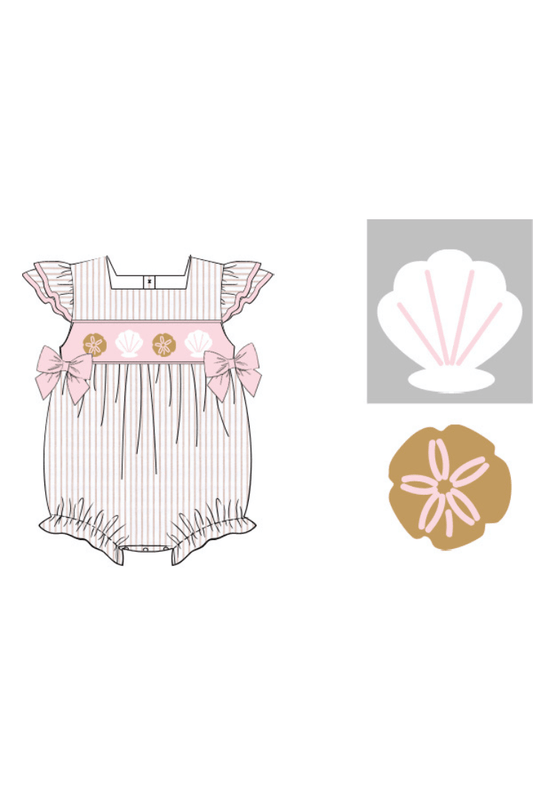 The Smocked Flamingo Apparel & Accessories Pre-Order Smocked Sea Shells Pink/Khaki Stripe Bubble