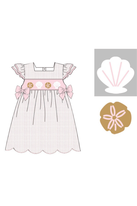 The Smocked Flamingo Apparel & Accessories Pre-Order Smocked Sea Shells Pink/Khaki Stripe Dress