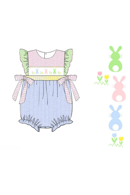 The Smocked Flamingo Apparel & Accessories Pre-Order Smocked Seersucker Color Block Bunny Bow Bubble