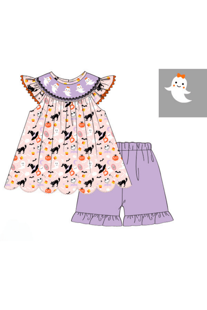 The Smocked Flamingo Apparel & Accessories Pre-Order Smocked Spooky Season Pink Short Set