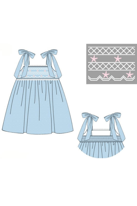 The Smocked Flamingo Apparel & Accessories Pre-Order Smocked Starfish Blue Swiss Dot Dress
