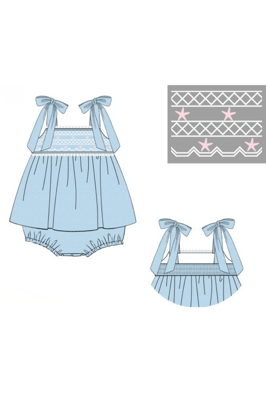 The Smocked Flamingo Apparel & Accessories Pre-Order Smocked Starfish Blue Swiss Dot Skirted Bubble