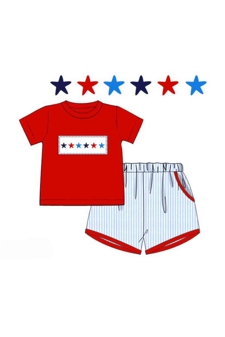 The Smocked Flamingo Apparel & Accessories Pre-Order Smocked Stars and Stripes Blue/Red Short Set