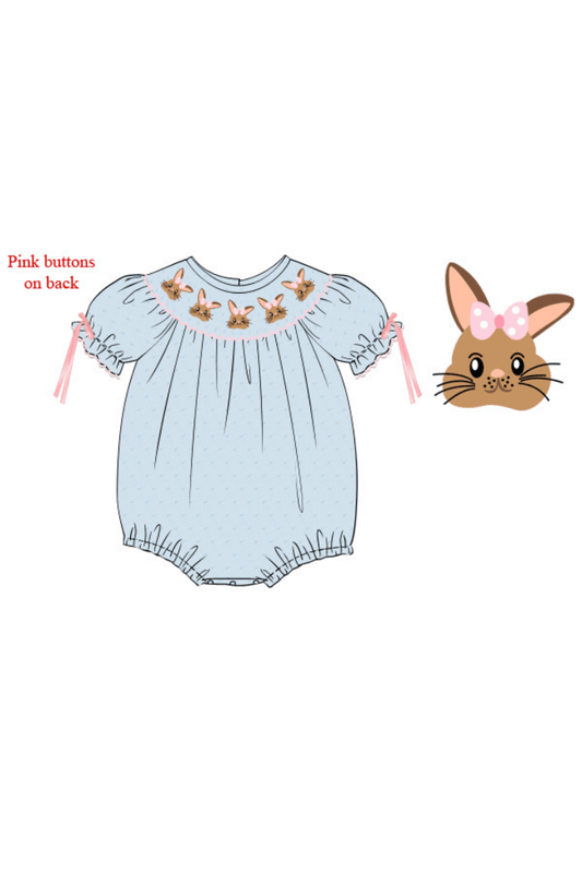 The Smocked Flamingo Apparel & Accessories Pre-Order Smocked Sweet Bunny Blue Swiss Dot Bubble