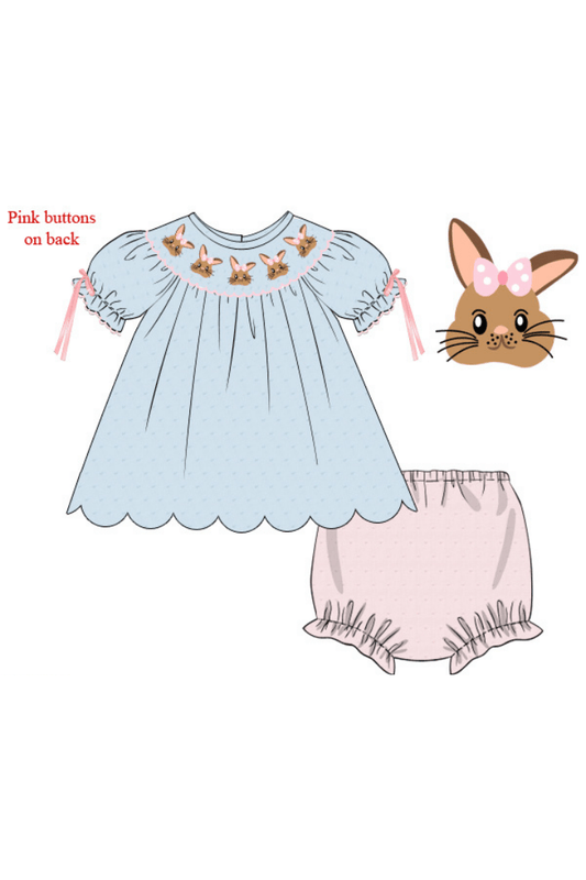 The Smocked Flamingo Apparel & Accessories Pre-Order Smocked Sweet Bunny Blue Swiss Dot Diaper Set