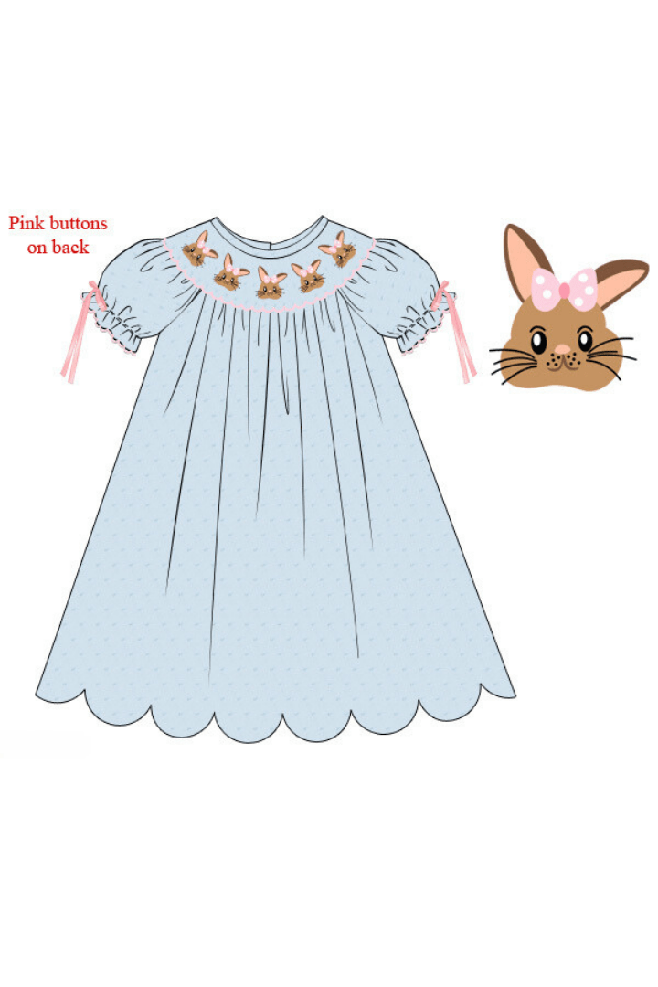 The Smocked Flamingo Apparel & Accessories Pre-Order Smocked Sweet Bunny Blue Swiss Dot Dress