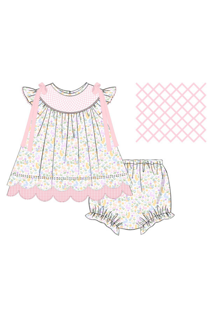 The Smocked Flamingo Apparel & Accessories Pre-Order Smocked Sweet Bunny Floral Scalloped Bishop Bloomer Set