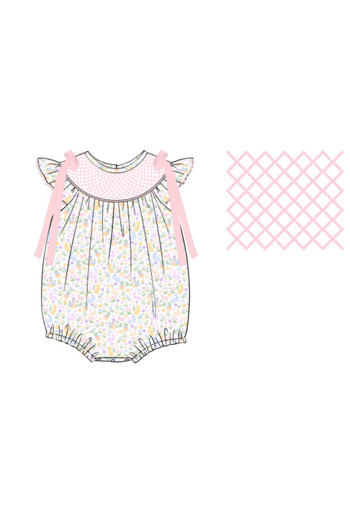 The Smocked Flamingo Apparel & Accessories Pre-Order Smocked Sweet Bunny Floral Scalloped Bishop Bubble