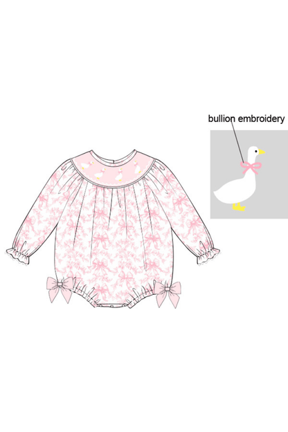 The Smocked Flamingo Apparel & Accessories Pre-Order Smocked Sweet Goose Pink Bow Long Sleeve Bishop Bubble