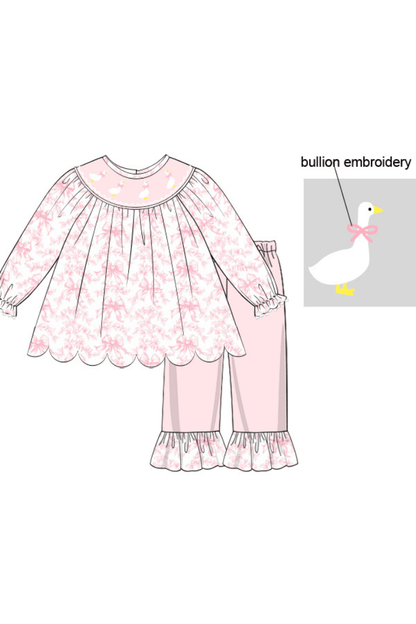 The Smocked Flamingo Apparel & Accessories Pre-Order Smocked Sweet Goose Pink Bow Pant Set