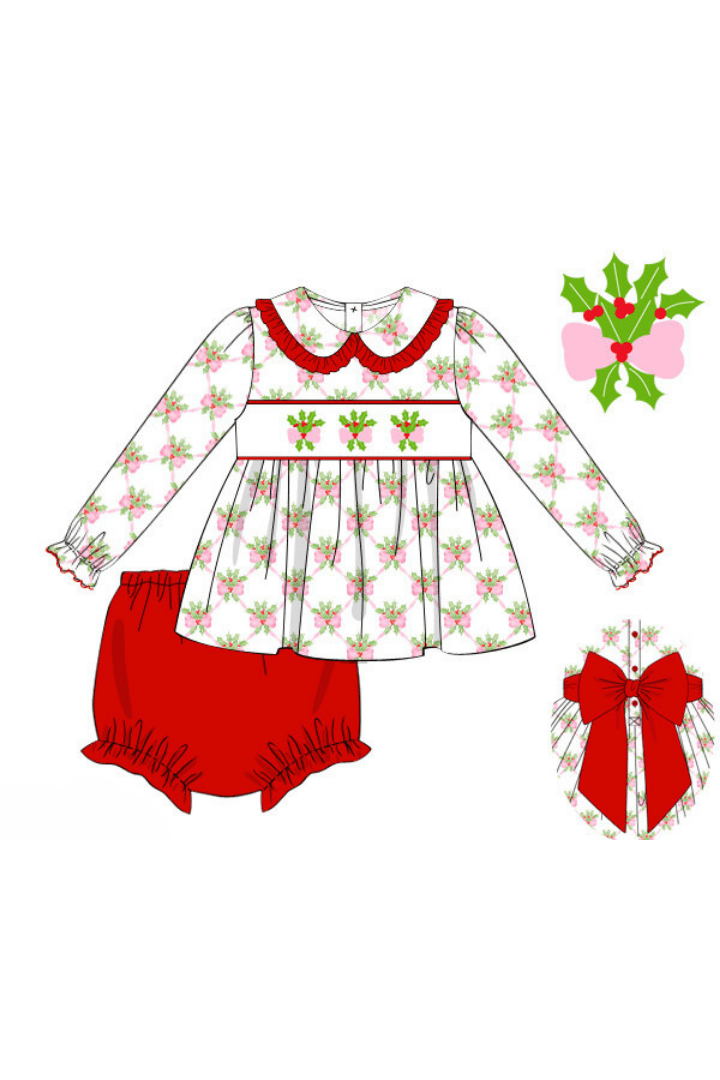 The Smocked Flamingo Apparel & Accessories Pre-Order Smocked Sweet Holly Bow Bloomer Set