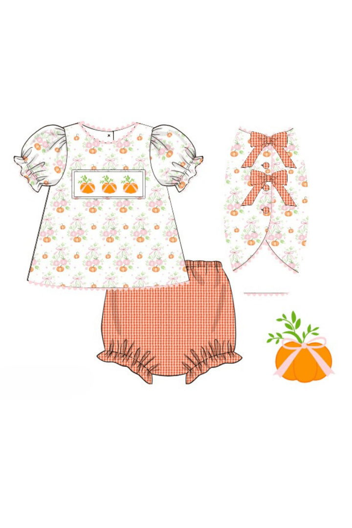 The Smocked Flamingo Apparel & Accessories Pre-Order Smocked Sweet Pumpkin Orange Gingham Bloomer Set