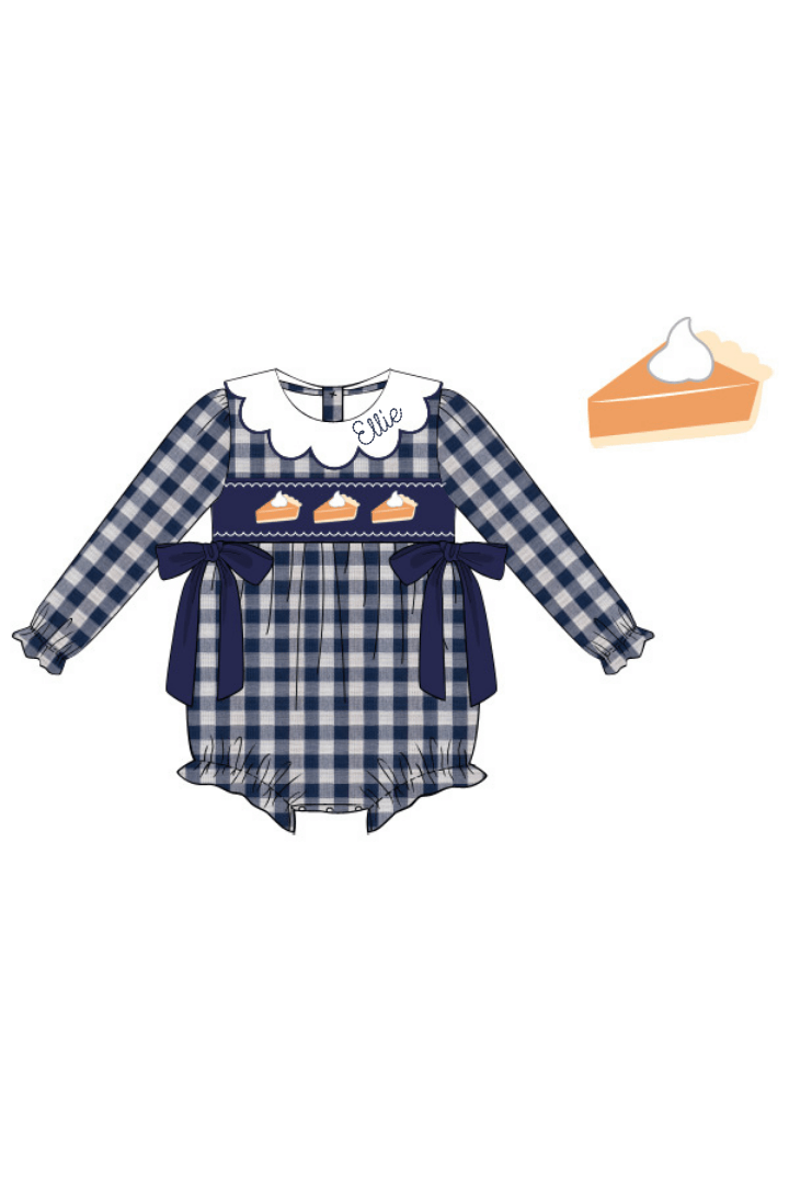 The Smocked Flamingo Apparel & Accessories Pre-Order Smocked Sweet Pumpkin Pie Navy Linen Bubble
