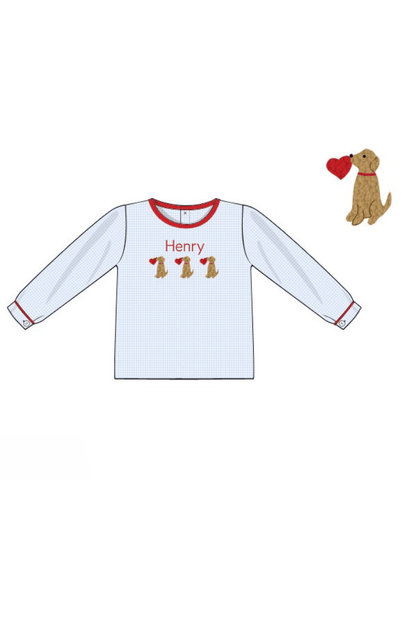 The Smocked Flamingo Apparel & Accessories Pre-Order Smocked Sweet Puppy Love Blue Gingham Shirt