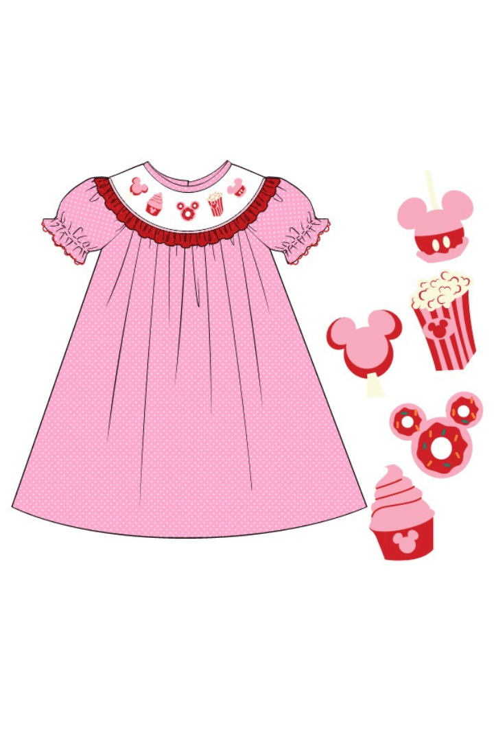 The Smocked Flamingo Apparel & Accessories Pre-Order Smocked Sweet Treats Mouse Pink Polka Dot Bishop Dress