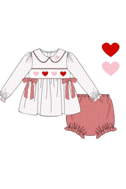 The Smocked Flamingo Apparel & Accessories Pre-Order Smocked Sweetheart Bow Pink Swiss Bloomer Set