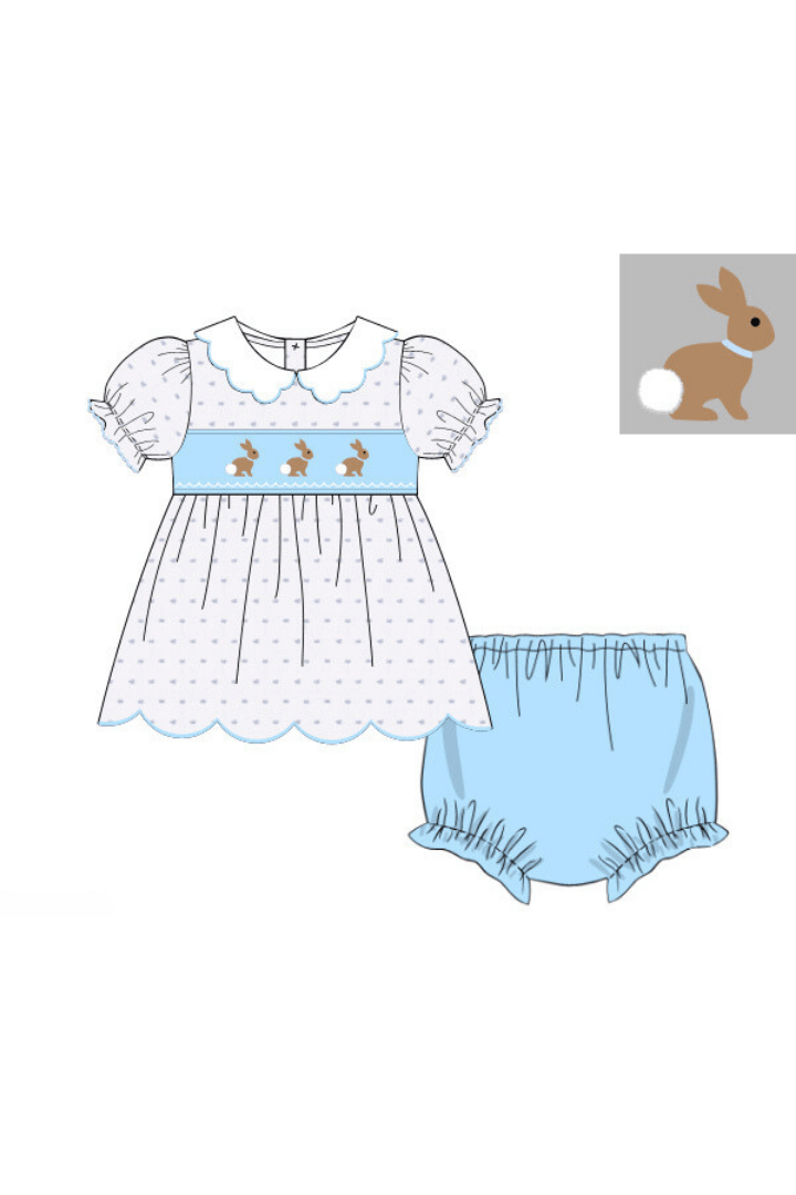 The Smocked Flamingo Apparel & Accessories Pre-Order Smocked Swiss Dot Blue Bunny Bloomer Set