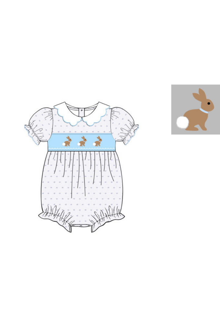 The Smocked Flamingo Apparel & Accessories Pre-Order Smocked Swiss Dot Blue Bunny Bubble