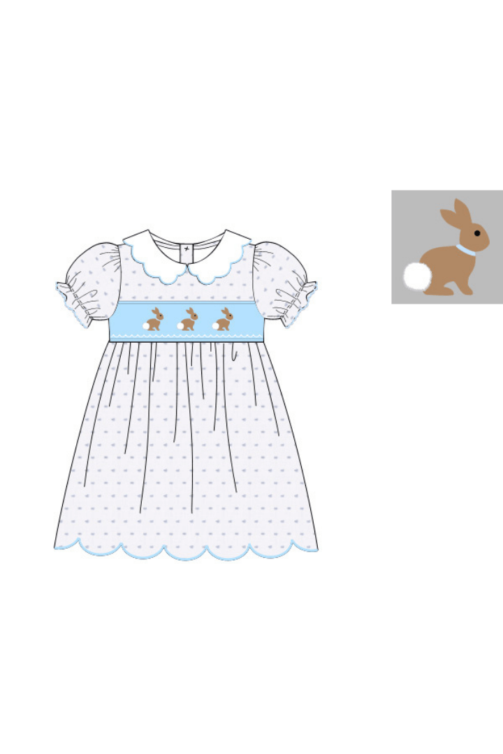 The Smocked Flamingo Apparel & Accessories Pre-Order Smocked Swiss Dot Blue Bunny Dress