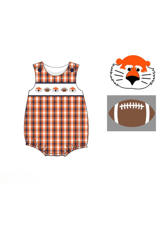 The Smocked Flamingo Apparel & Accessories Pre-Order Smocked Tigers Navy Orange Checkered Football Bubble