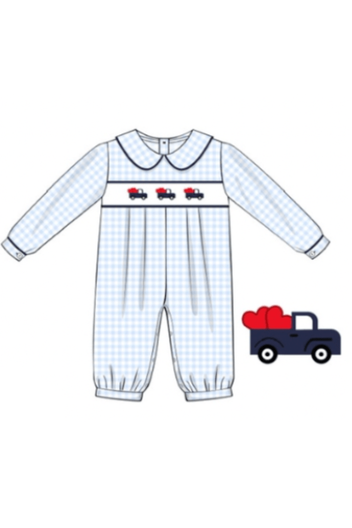 The Smocked Flamingo Apparel & Accessories Pre-Order Smocked Truck Full of Love Blue Gingham Romper