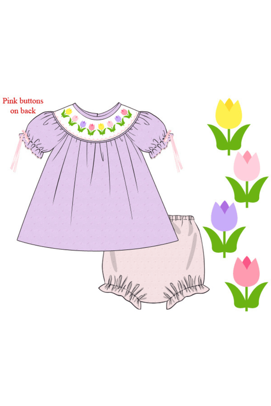 The Smocked Flamingo Apparel & Accessories Pre-Order Smocked Tulips Lavender Swiss Dot Bloomer Set