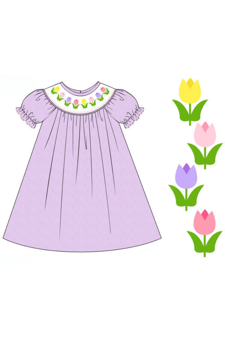 The Smocked Flamingo Apparel & Accessories Pre-Order Smocked Tulips Lavender Swiss Dot Bubble