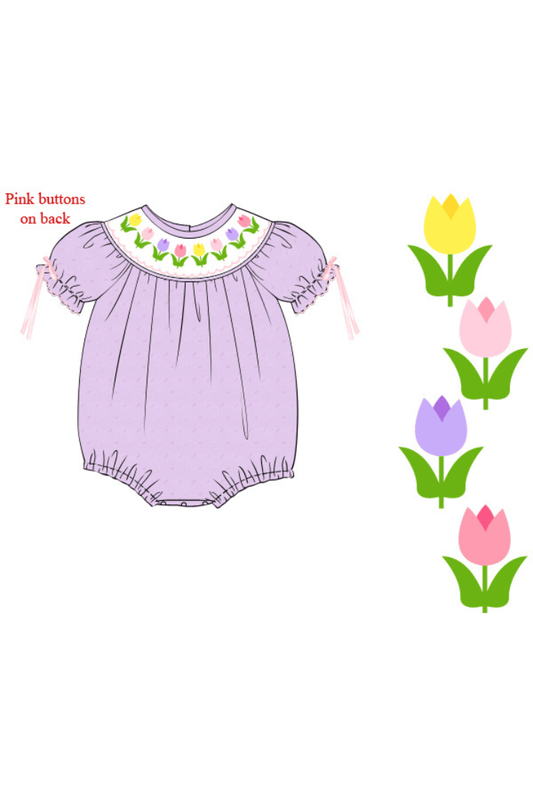 The Smocked Flamingo Apparel & Accessories Pre-Order Smocked Tulips Lavender Swiss Dot Bubble