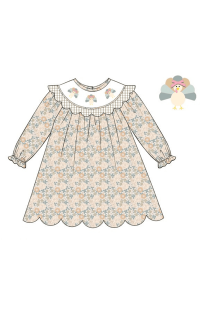 The Smocked Flamingo Apparel & Accessories Pre-Order Smocked Turkey Autumn Floral Scalloped Dress