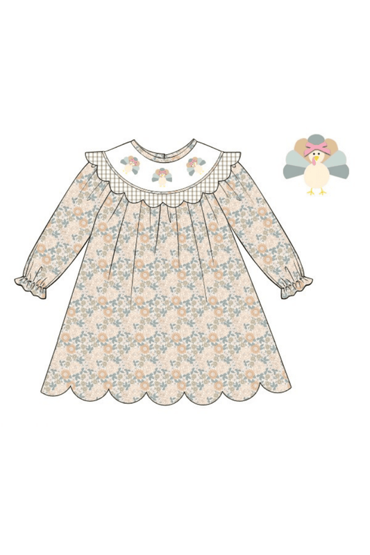 The Smocked Flamingo Apparel & Accessories Pre-Order Smocked Turkey Autumn Floral Scalloped Dress