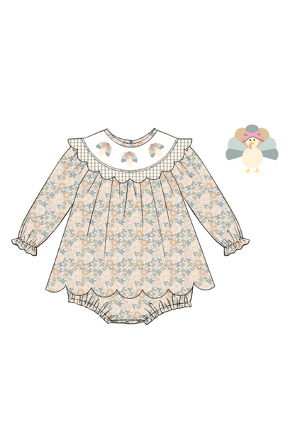 The Smocked Flamingo Apparel & Accessories Pre-Order Smocked Turkey Autumn Floral Scalloped Skirted Bubble