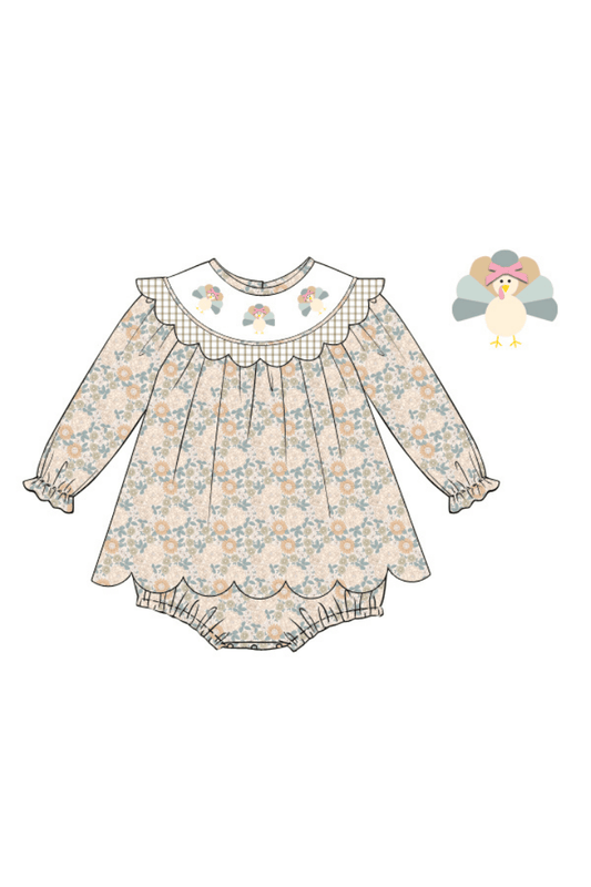 The Smocked Flamingo Apparel & Accessories Pre-Order Smocked Turkey Autumn Floral Scalloped Skirted Bubble
