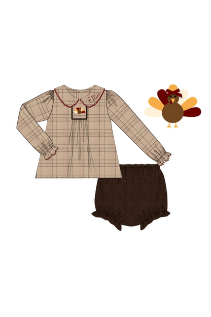 The Smocked Flamingo Apparel & Accessories Pre-Order Smocked Turkey Fall Flannel and Corduroy Bloomer Set