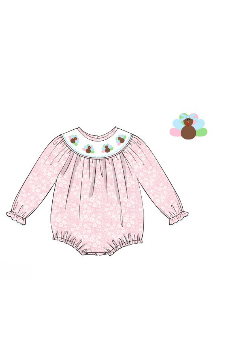 The Smocked Flamingo Apparel & Accessories Pre-Order Smocked Turkey Pink Floral Scalloped Bubble