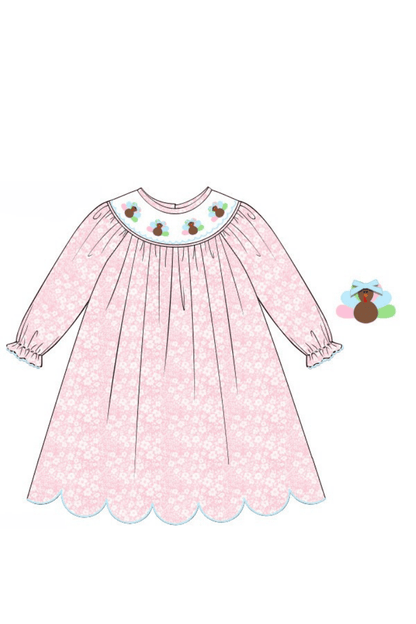 The Smocked Flamingo Apparel & Accessories Pre-Order Smocked Turkey Pink Floral Scalloped Dress
