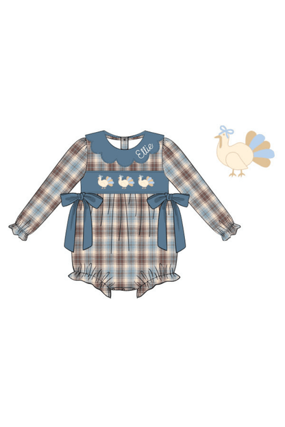The Smocked Flamingo Apparel & Accessories Pre-Order Smocked Turkey Stone Blue Plaid Bow Bubble
