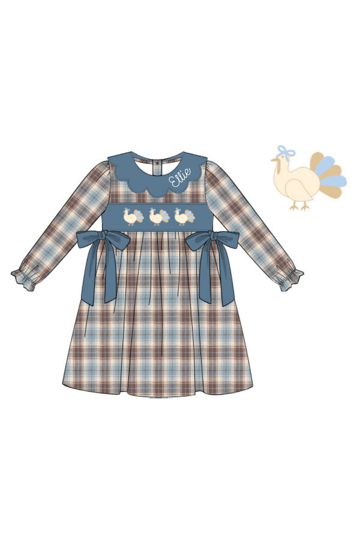The Smocked Flamingo Apparel & Accessories Pre-Order Smocked Turkey Stone Blue Plaid Bow Dress