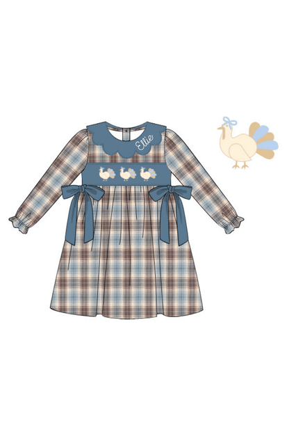 The Smocked Flamingo Apparel & Accessories Pre-Order Smocked Turkey Stone Blue Plaid Bow Dress