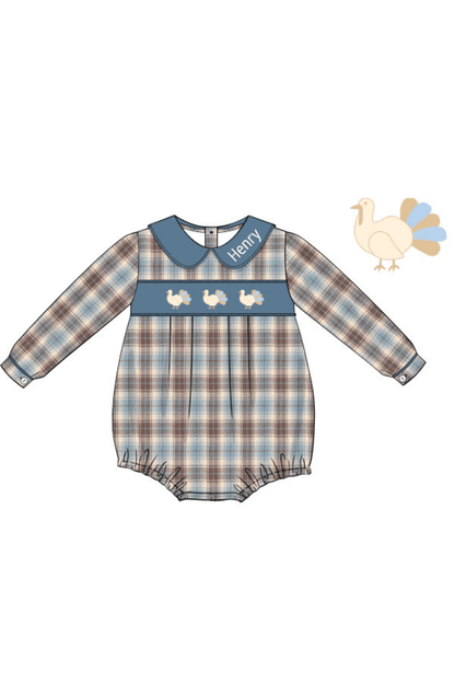 The Smocked Flamingo Apparel & Accessories Pre-Order Smocked Turkey Stone Blue Plaid Bubble