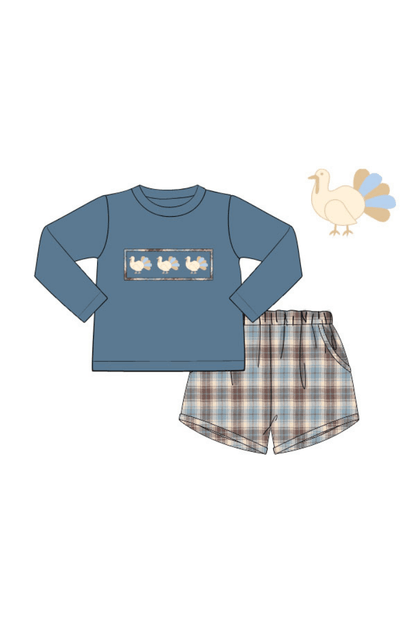 The Smocked Flamingo Apparel & Accessories Pre-Order Smocked Turkey Stone Blue Plaid Short Set