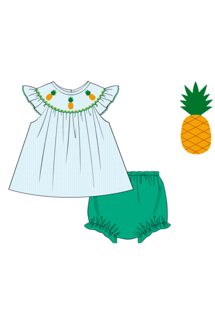 The Smocked Flamingo Apparel & Accessories Pre-Order Smocked Turquoise Gingham Pineapple Bloomer Set